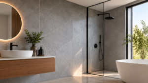 Detalle de gotas de agua sobre revestimiento impermeable SPC Pared Drywall efecto piedra gris.