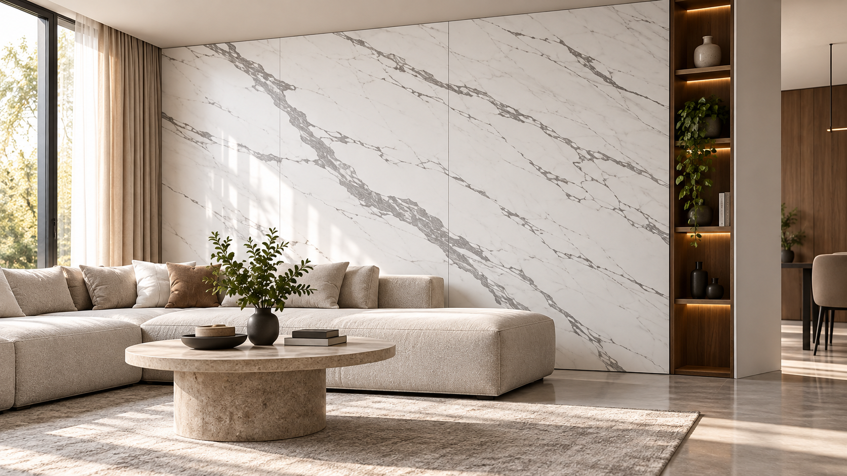 Comedor contemporáneo con paneles SPC Pared Drywall efecto piedra beige y acabado mate.