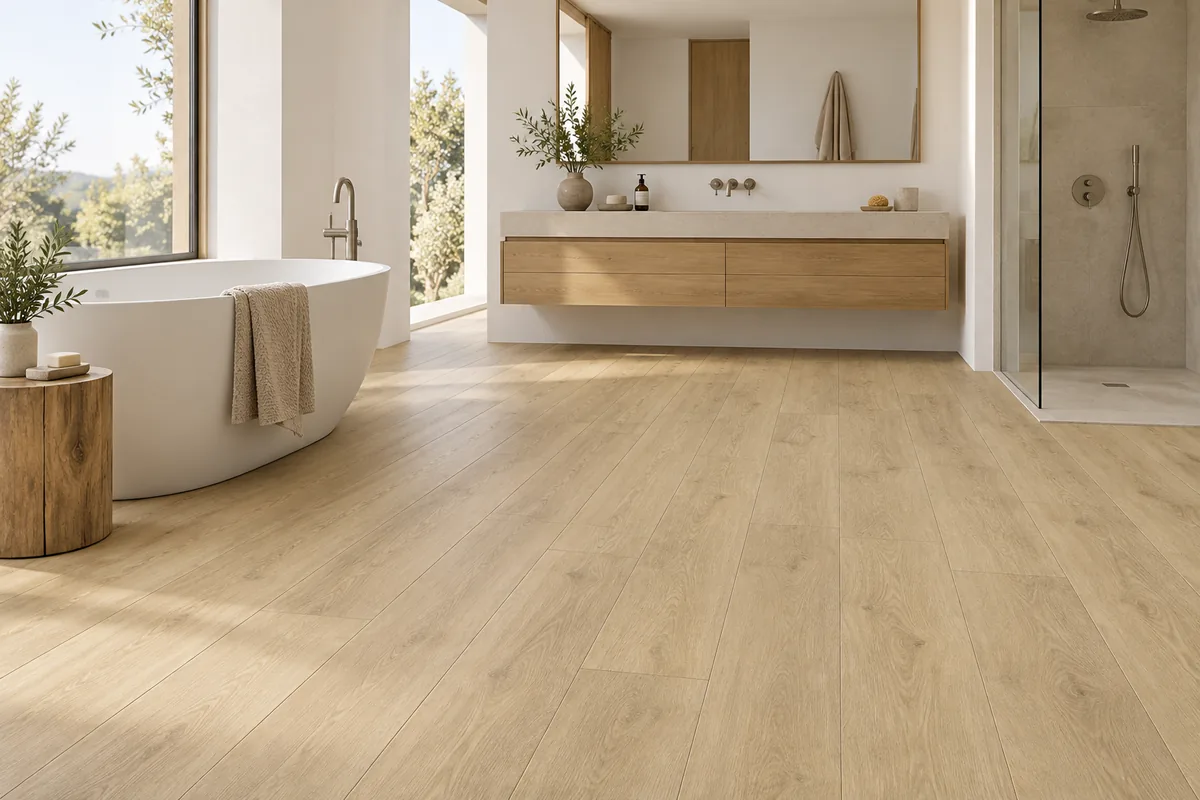 Baño contemporáneo con pavimento impermeable SPC efecto madera clara.