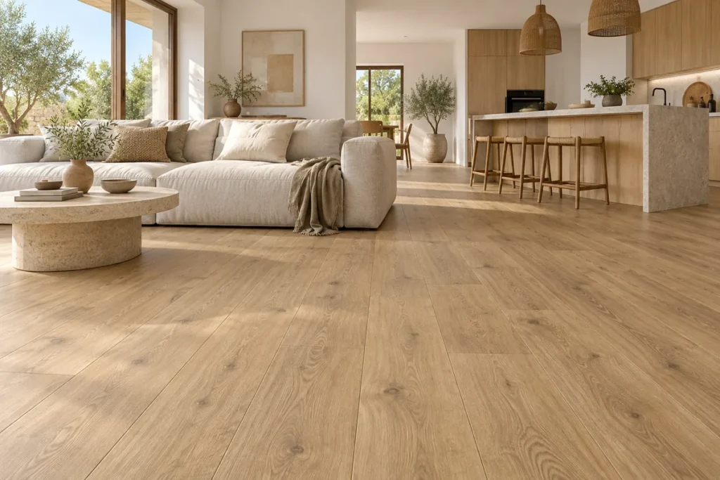 Salón y cocina conectados con pavimento SPC efecto madera en tono natural.